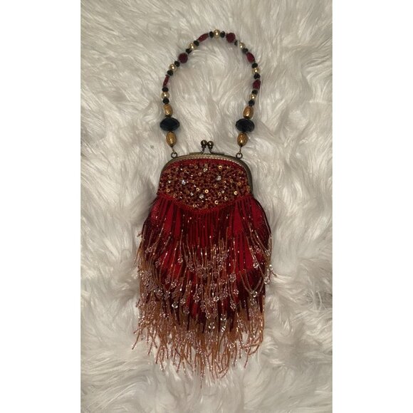 Vintage Caroline Day Evening Bag Beaded Fringe Sequined Rhinestones Red New